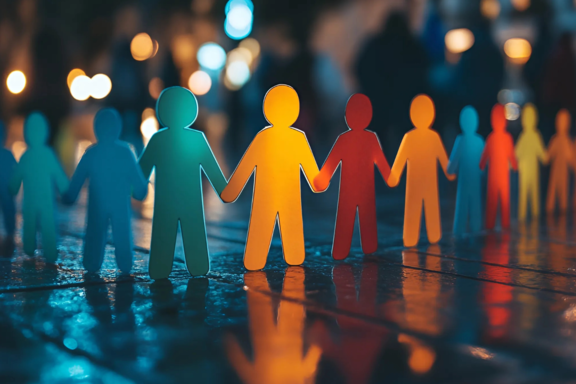 Bunte Girlande von Papiermenschen in verschiedenen Farben